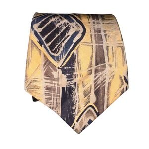 J.T. Beckett Mens Silk Linen Abstract Geometric Necktie Yellow Navy Made in USA